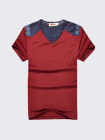 Summer Mens Cotton V Neck Top Tees Patchwork Color Short sleeved Tshirts