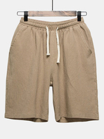 Summer Mens Elastic Waist Drawstring Flax Breathable Knee Length Loose Casual Shorts