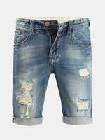 Summer Overknee Stylish Worn Hole Jeans Stone Washed Denim Shorts For Men