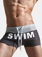 SUPERBODY Sexy Nylon Quickly Dry Letters Printing Low Waist Boxers Swim Trunks for Men