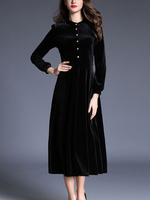 TangJie Elegant Solid Color Stand Collar Long Sleeve Women Dresses