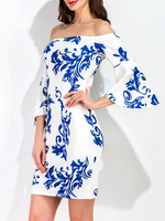 TangJie Sexy Blue Floral Printed Off The Shoulder Trumpet Sleeve Women Mini Dresses