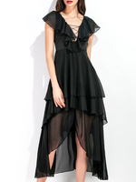 TangJie Sexy Deep Drawstring V-Neck Asymmetrical Solid Black Chiffon Dresses