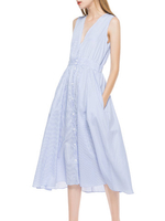 TangJie Sexy Deep V-Neck Blue Striped Pockets Button Sleeveless Women Dresses