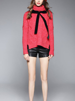 TangJie Solid Red Bow Turtleneck Slit Women Sweaters