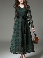 TangJie Vintage Lace Hollowed Out Belt Slim Women Dresses