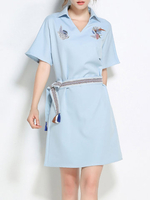 TangJie Women Embroidery Half Sleeve Belt Slim Mini A-Line Dresses