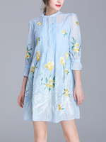 TangJie Women Embroidery O-Neck Half Sleeve A-Line Mini Dresses