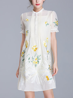 TangJie Women Embroidery O-Neck Short Sleeve A-Line Mini Dresses