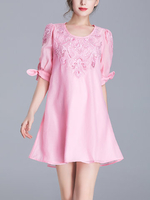TangJie Women Sexy Embroidery Bowknot Half Sleeve A-Line Dresses