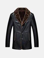 Thicken Warm PU Leather Jacket Fleece Collar Single Breasted Overcoat for Men