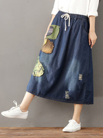 Vintage Elastic Waist Patch Denim Skirts For Women