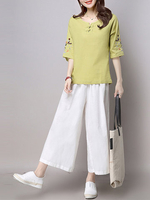 Vintage Embroidery Chinese Button T-shirts Wide Leg Pants Two-piece Outfits