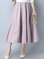 Vintage Embroidery Elastic Waist Pink Skirt For Women