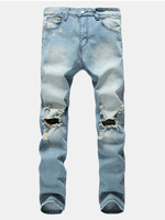 Vintage Fashion Light Blue Worn Hole Printed Stone Washed Denim Ripped Jeans for Men