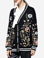 Vintage Flower Embroidery Women Front Closure Sweatwer Coats