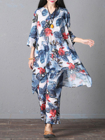 Vintage Flower Printed 3/4 Sleeve Tops Two-piece Outfits For Women