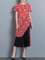 Vintage Flower Printed Irregular Hem Shirt Pant Two-piece Outfits
