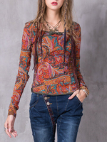 Vintage Folk Style Printed Long Sleeve Women Blouses