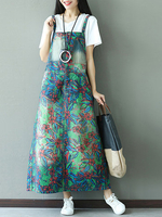 Vintage Holes Printed Denim Strap Pocket Dresses For Women