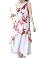 Vintage Ink Printed Irregular Stitching Sleeveless Dress For Women