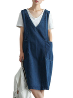 Vintage Knee Length Sleeveless Pockets Denim Dresses