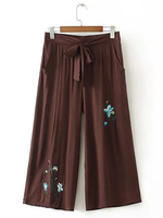 Vintage Loose Embroidery Elastic Waist Wide Leg Pants For Women