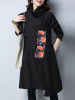 Vintage Loose Embroidery High Collar Dresses For Women