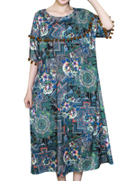 Vintage Loose O-neck Pocket Lace Printed Bohemia Dresses