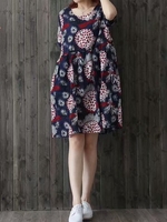 Vintage Loose Print Short Sleeve O-neck Women Dresses