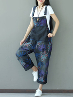 Vintage Loose Printed Pocket Denim Jumpsuits For Women