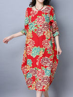 Vintage Loose Women Printed Long Sleeve Irregular Midi Dress
