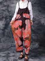 Vintage Plaid Floral Printed Spaghetti Strap Loose Women Jumpsuits