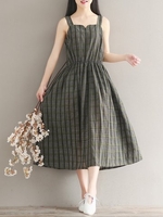 Vintage Plaid Print Sleeveless Square Collar Women Dress