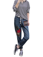 Vintage Pocket Elastic Waist Embroidery Denim Pants For Women