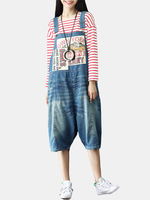 Vintage Pocket Strap Printed Short Denim Jumpsuits For Women