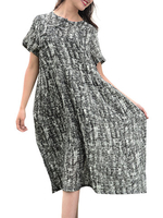 Vintage Print Frog Button Loose Short Sleeve O-neck Women Dresses