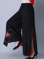 Vintage Printed Elastic Waist Slit Wide Leg Pants For Women