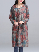 Vintage Printed Long Sleeve O-Neck Dress For Women