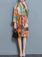 Vintage Printed Long Sleeves V Neck Dresses For Women