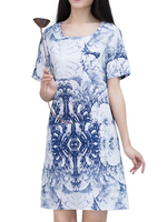 Vintage Printed O-Neck Short Sleeve Pocket Dress For Women