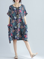 Vintage Printed Pocket Short Sleeves Dersses For Women