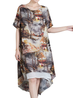 Vintage Printed Short Sleeve Irregular Hem Dress For Women