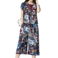 Vintage Printed T-shirts Elastic Waist Printed Pants Two-piece Outfits