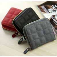 Vintage Short Grid Card Holder PU Leather Purse Coin Bags For Women