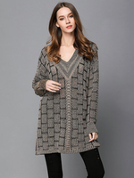 Vintage Side Split Plaid V-Neck Long Sleeve Knit Sweater For Women