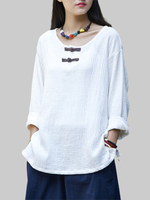 Vintage Solid Button Side Split Long Sleeve O-Neck Tops