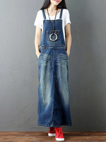 Vintage Strap Pocket Dark Blue Denim Dresses For Women