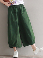 Vintage Women Elastic Waist Pure Color Wide Leg Pants