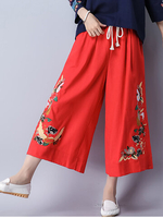 Vintage Women Embroidered Elastic Waist Wide Leg Pants